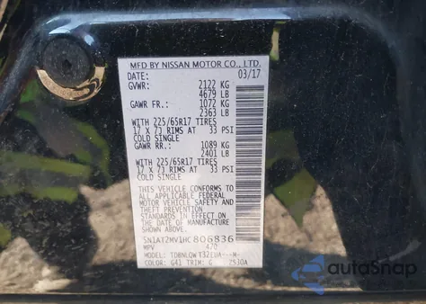 2017 Nissan Rogue Sv z USA, uszkodzony, nr VIN 5N1AT2MV1HC806836